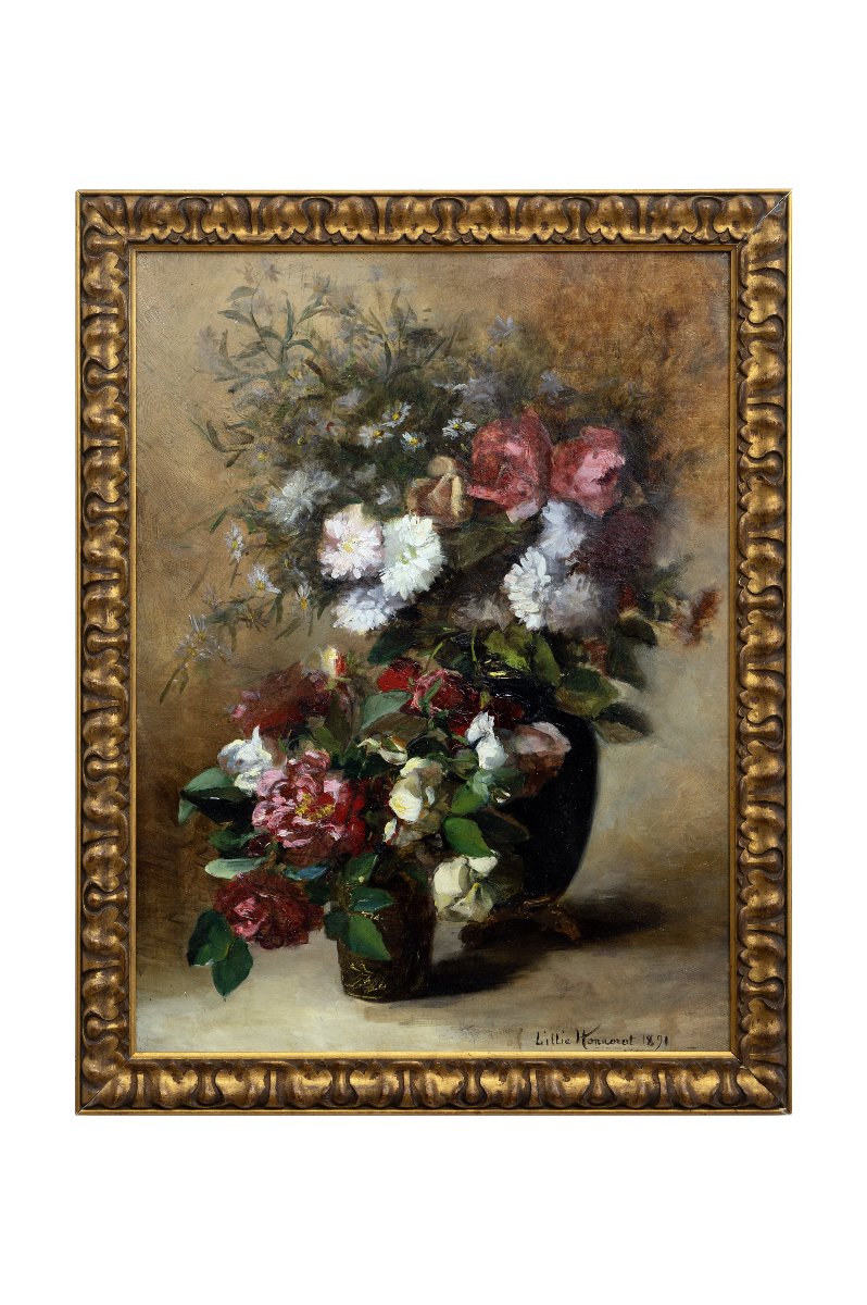 Lillie Honnorat - Deux Bouquets De Roses Et Fleurs Des Champs - Oil On Canvas - 19th Century - Signed-photo-6