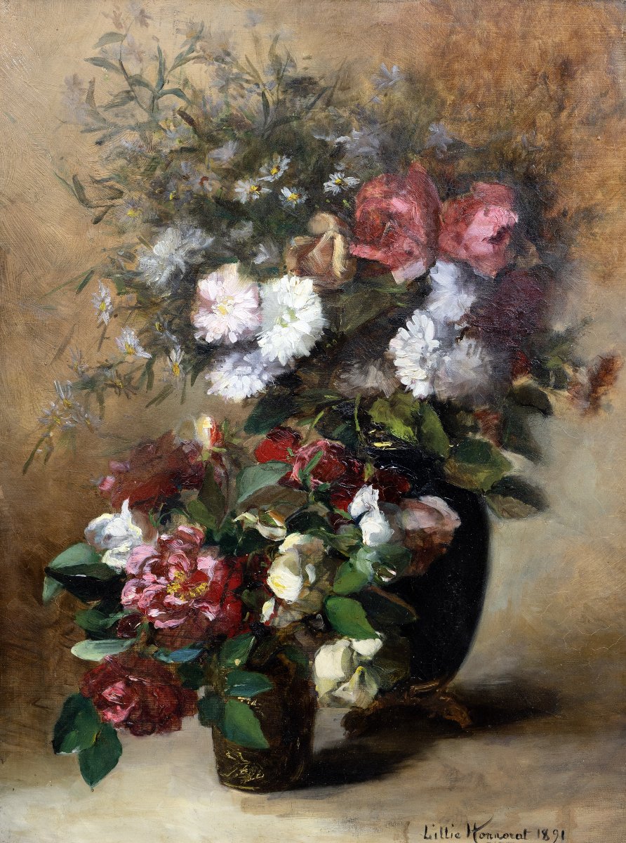 Lillie Honnorat - Deux Bouquets De Roses Et Fleurs Des Champs - Oil On Canvas - 19th Century - Signed