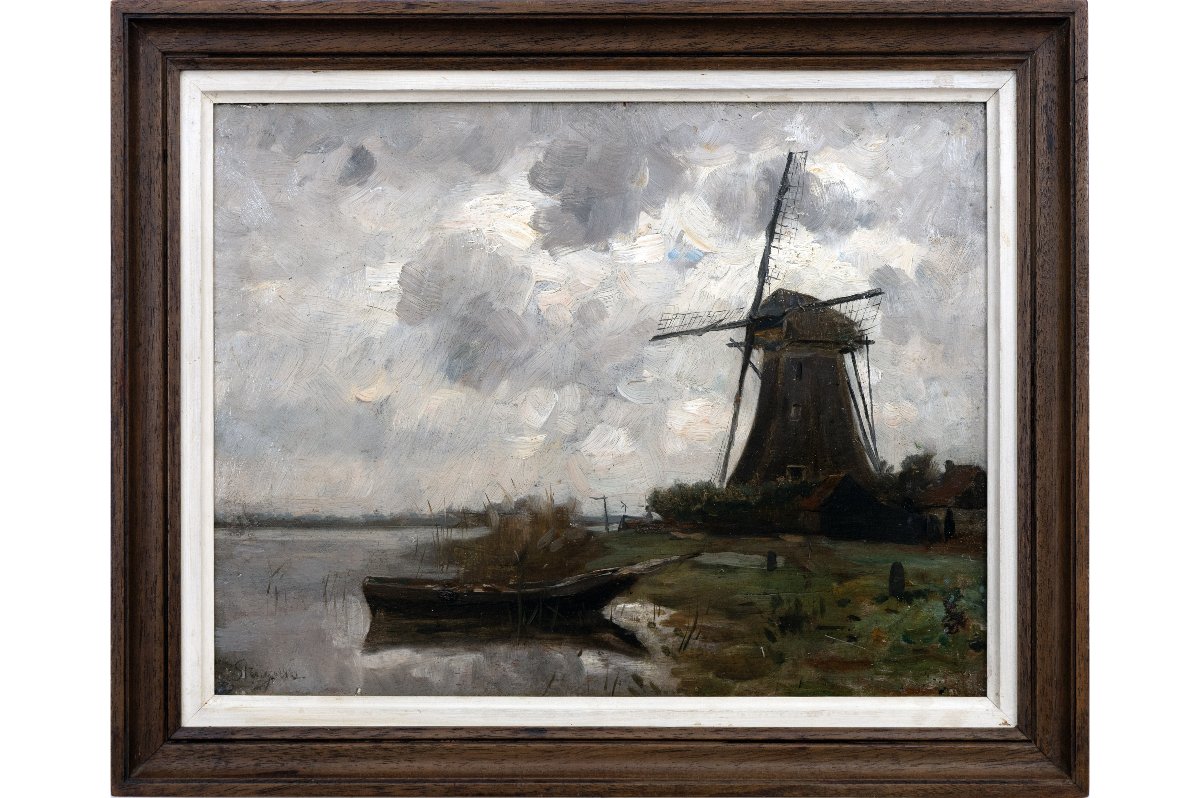 Alphonse STENGELIN – Moulin au bord d’un canal, Ciel d’orage – Huiles sur panneau - Signées-photo-2