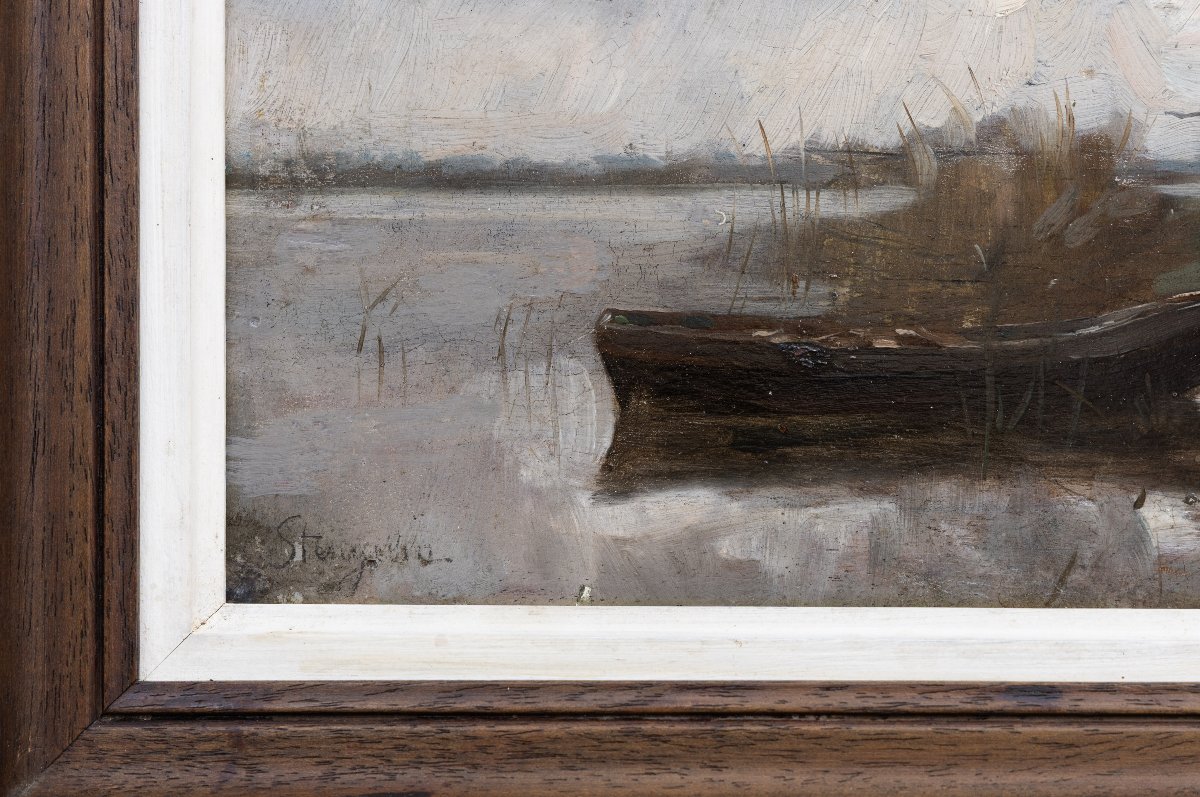 Alphonse STENGELIN – Moulin au bord d’un canal, Ciel d’orage – Huiles sur panneau - Signées-photo-4