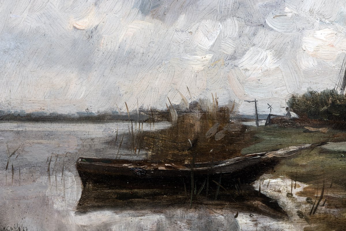 Alphonse STENGELIN – Moulin au bord d’un canal, Ciel d’orage – Huiles sur panneau - Signées-photo-2