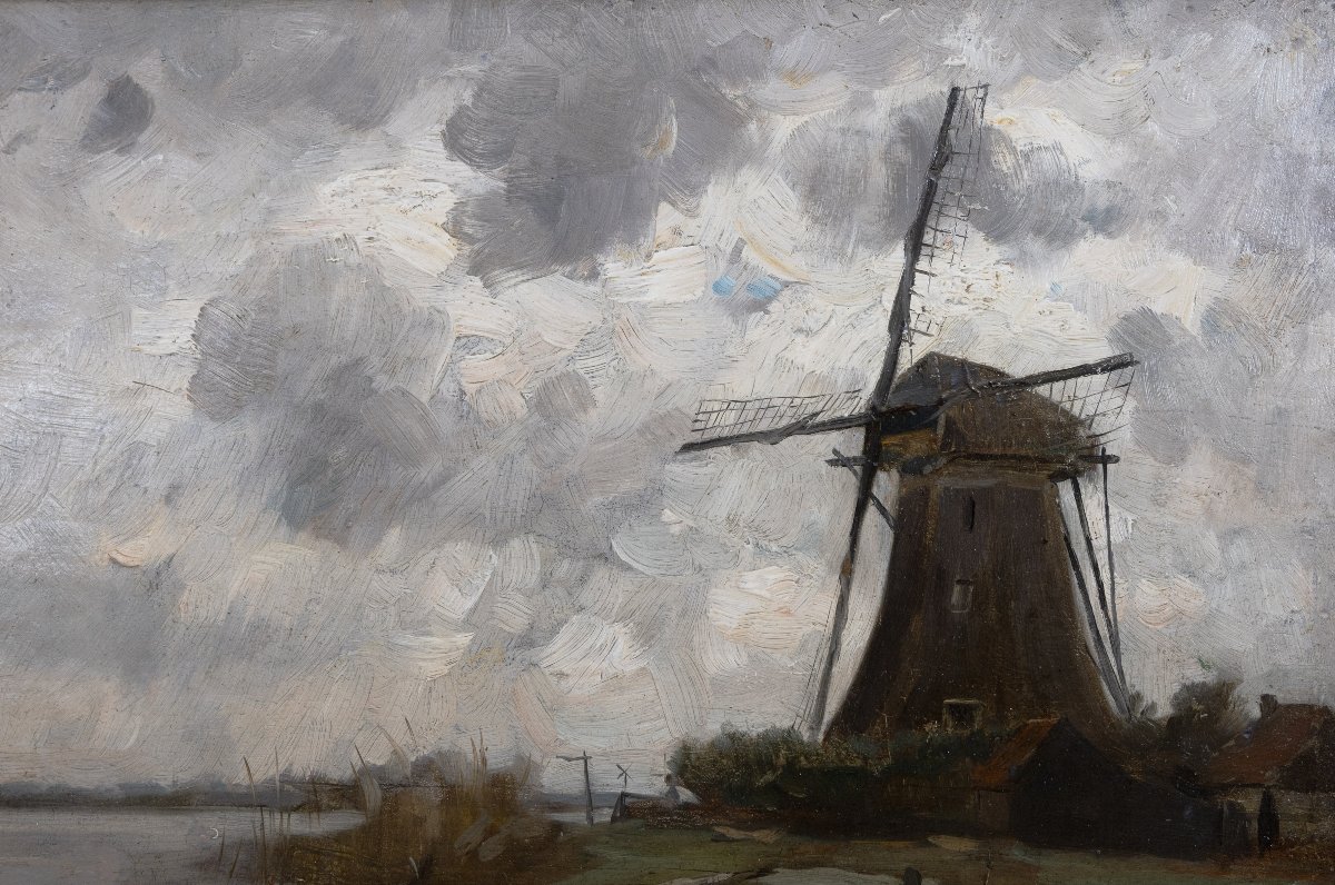 Alphonse STENGELIN – Moulin au bord d’un canal, Ciel d’orage – Huiles sur panneau - Signées-photo-3