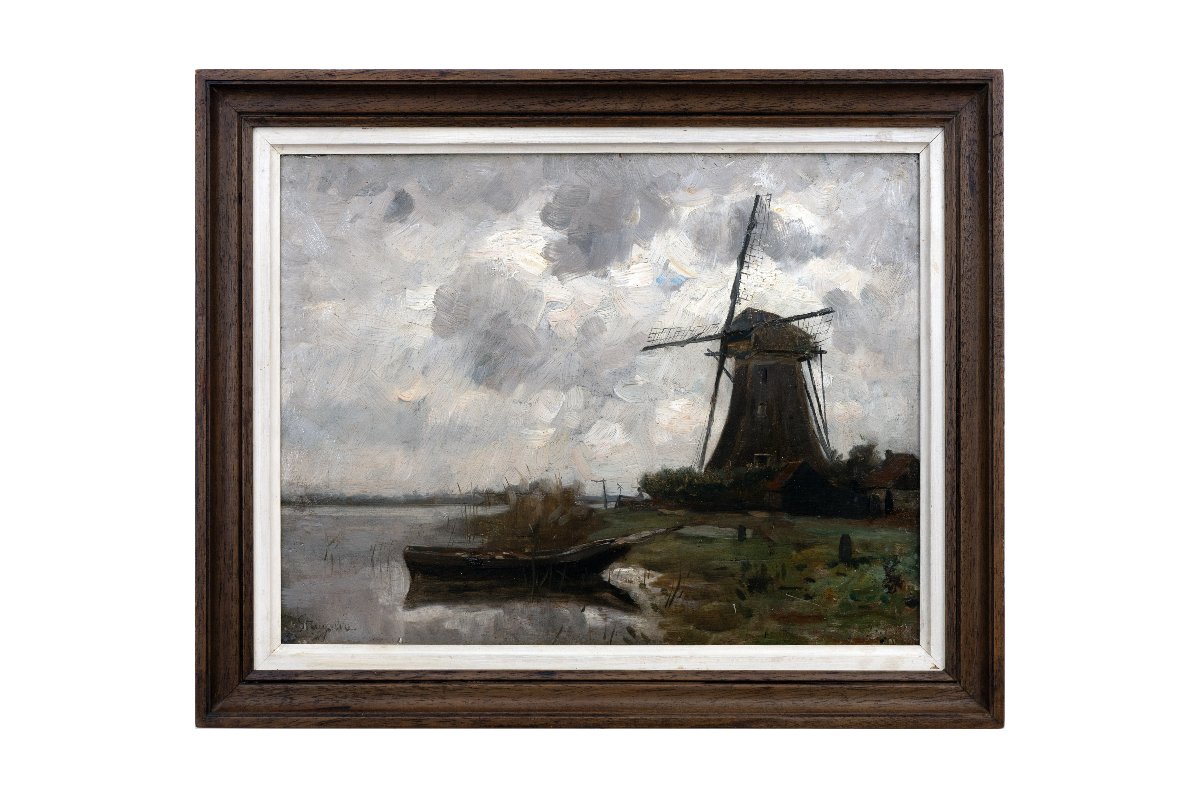 Alphonse STENGELIN – Moulin au bord d’un canal, Ciel d’orage – Huiles sur panneau - Signées-photo-7