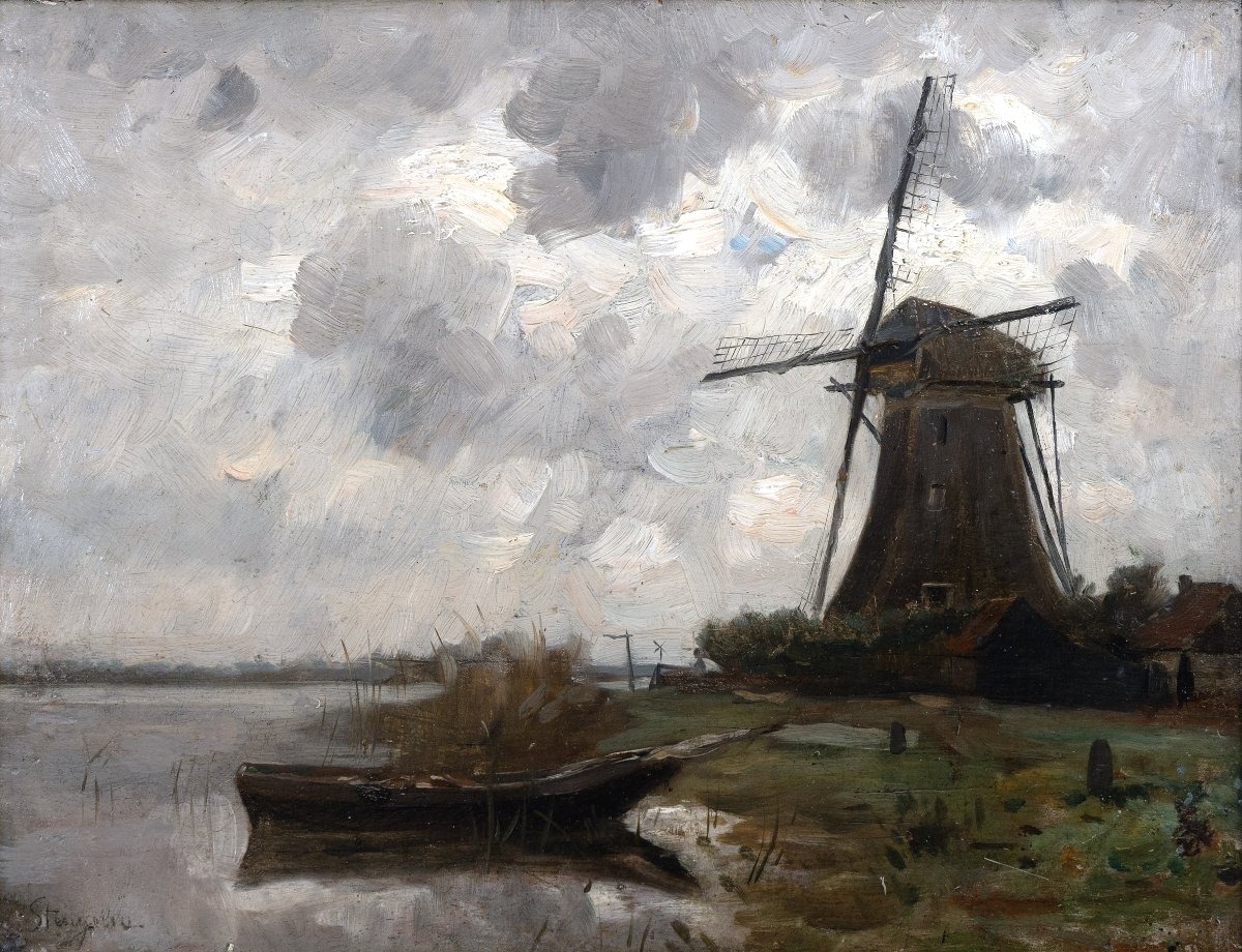 Alphonse STENGELIN – Moulin au bord d’un canal, Ciel d’orage – Huiles sur panneau - Signées