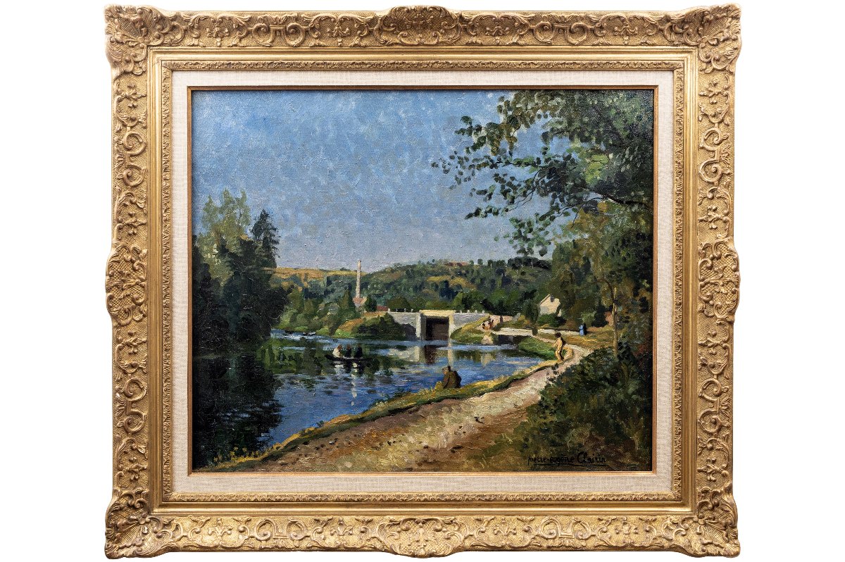 Pierre-Eugène CLAIRIN – Bords de rivière à l'écluse, avec personnages– Huile sur toile – Signée-photo-2