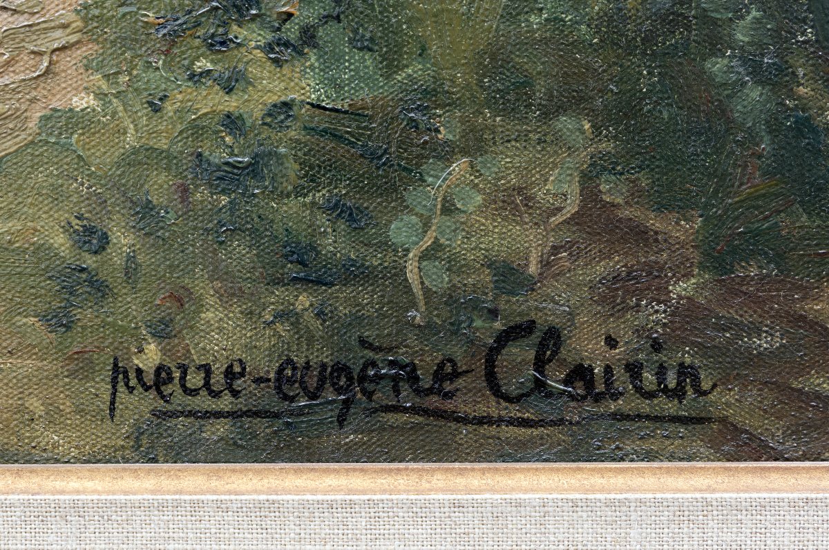 Pierre-Eugène CLAIRIN – Bords de rivière à l'écluse, avec personnages– Huile sur toile – Signée-photo-3