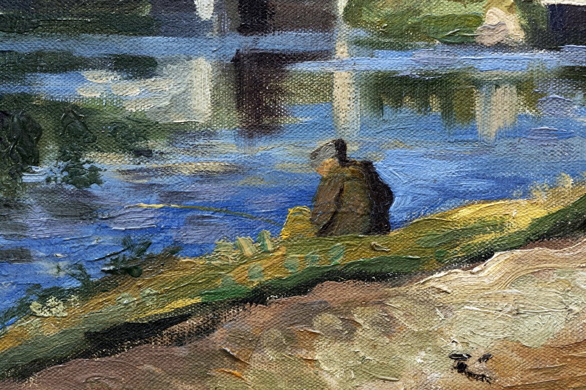 Pierre-Eugène CLAIRIN – Bords de rivière à l'écluse, avec personnages– Huile sur toile – Signée-photo-2