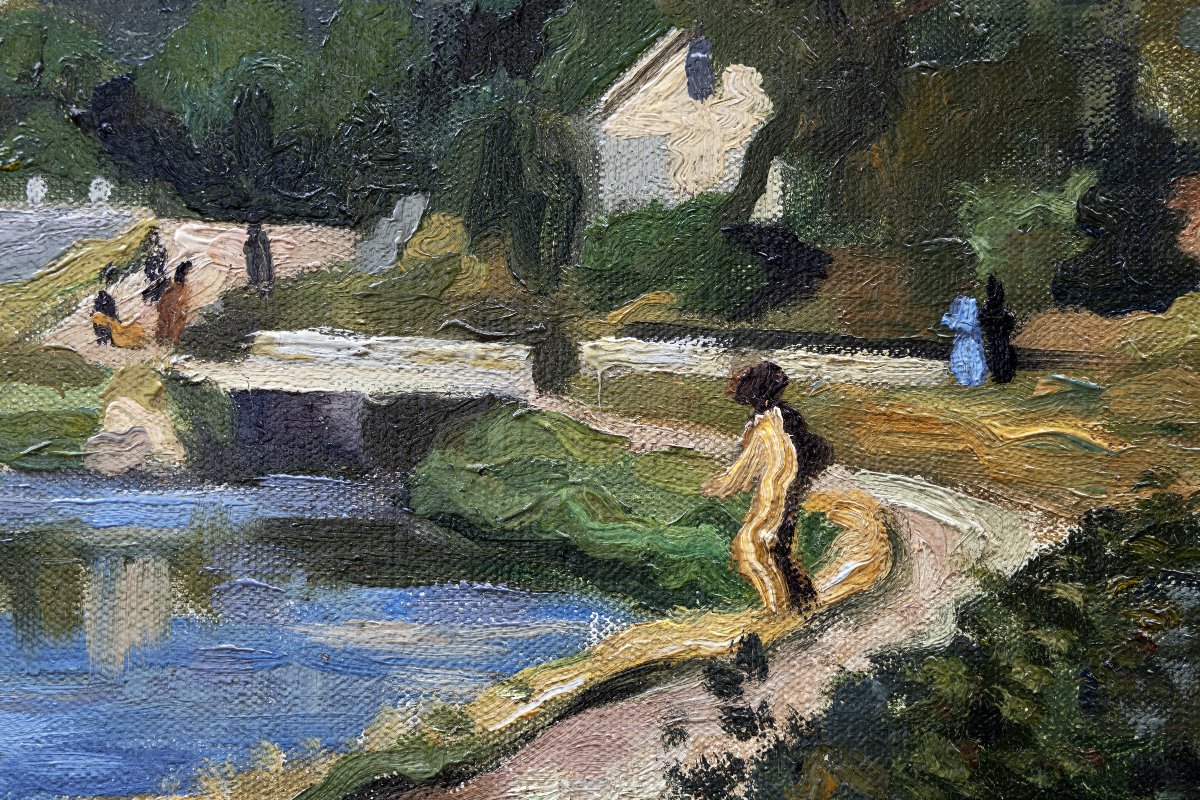 Pierre-Eugène CLAIRIN – Bords de rivière à l'écluse, avec personnages– Huile sur toile – Signée-photo-4