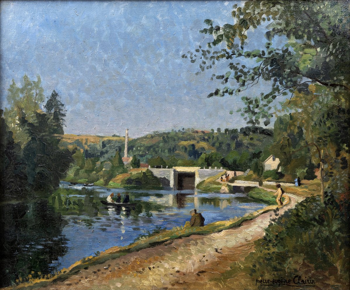 Pierre-Eugène CLAIRIN – Bords de rivière à l'écluse, avec personnages– Huile sur toile – Signée