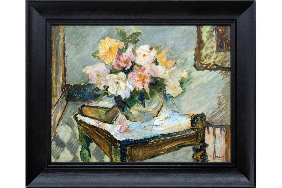 Pierre Cornu – Bouquet Of Roses In The Studio – Oil On Panel – Signed -photo-2