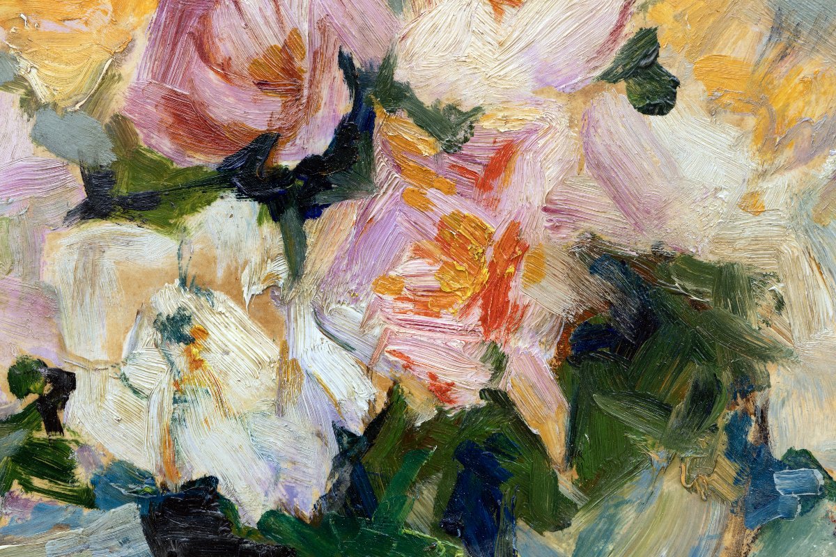 Pierre Cornu – Bouquet Of Roses In The Studio – Oil On Panel – Signed -photo-1
