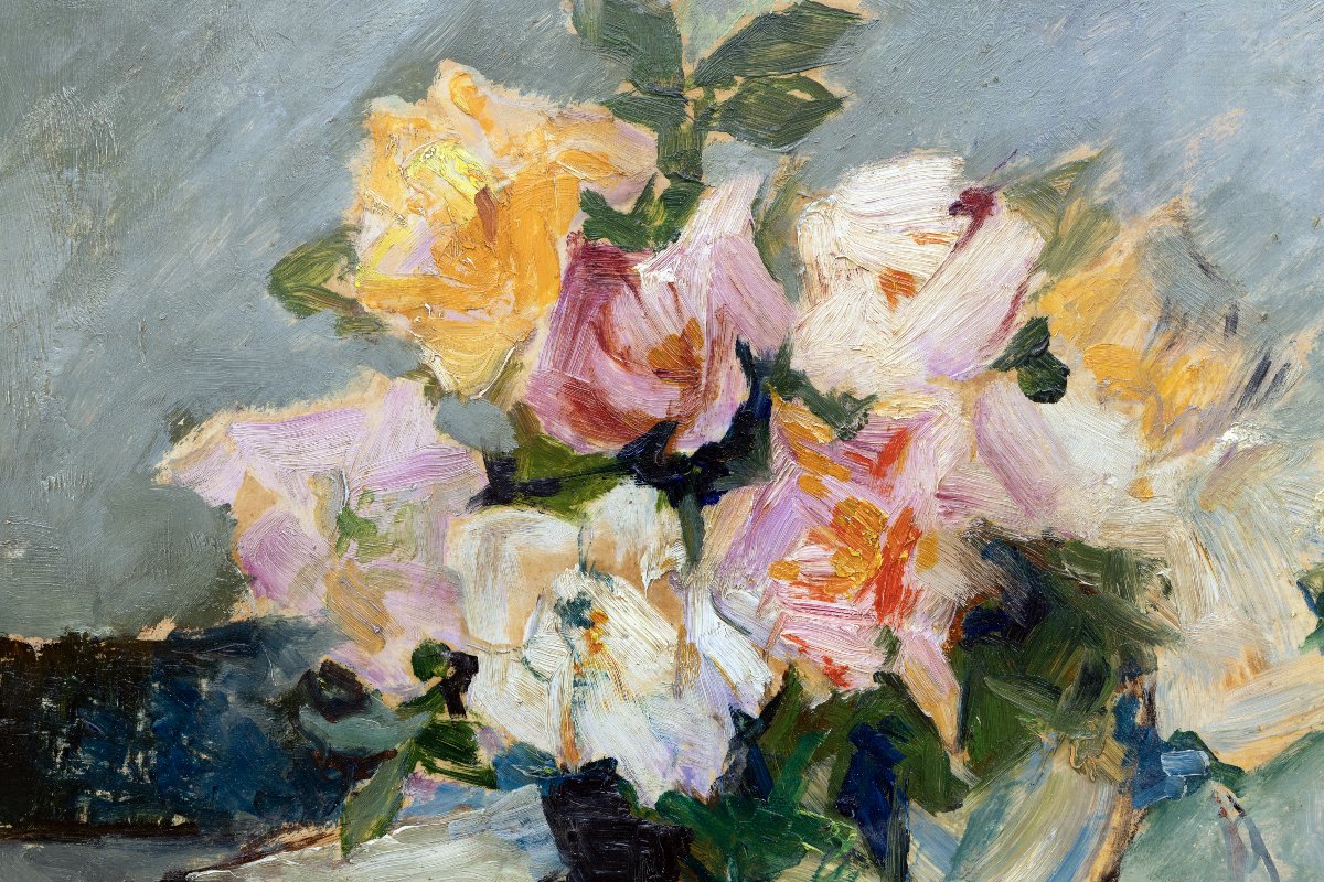 Pierre Cornu – Bouquet Of Roses In The Studio – Oil On Panel – Signed -photo-3