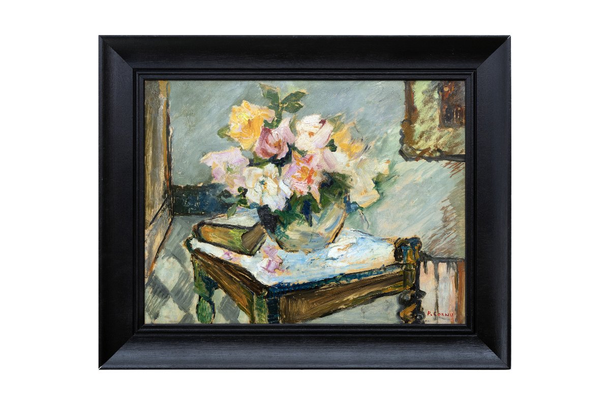 Pierre Cornu – Bouquet Of Roses In The Studio – Oil On Panel – Signed -photo-6