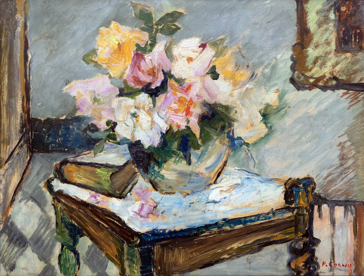 Pierre Cornu – Bouquet Of Roses In The Studio – Oil On Panel – Signed 