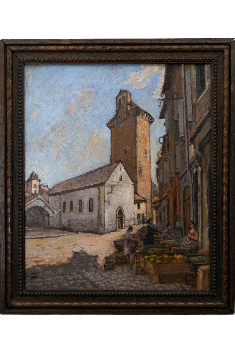 Market Day In Front Of The Tower Of The Penitents, Mende – Oil On Panel – Circa 1960 -photo-2