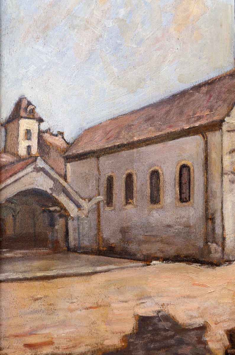 Market Day In Front Of The Tower Of The Penitents, Mende – Oil On Panel – Circa 1960 -photo-2