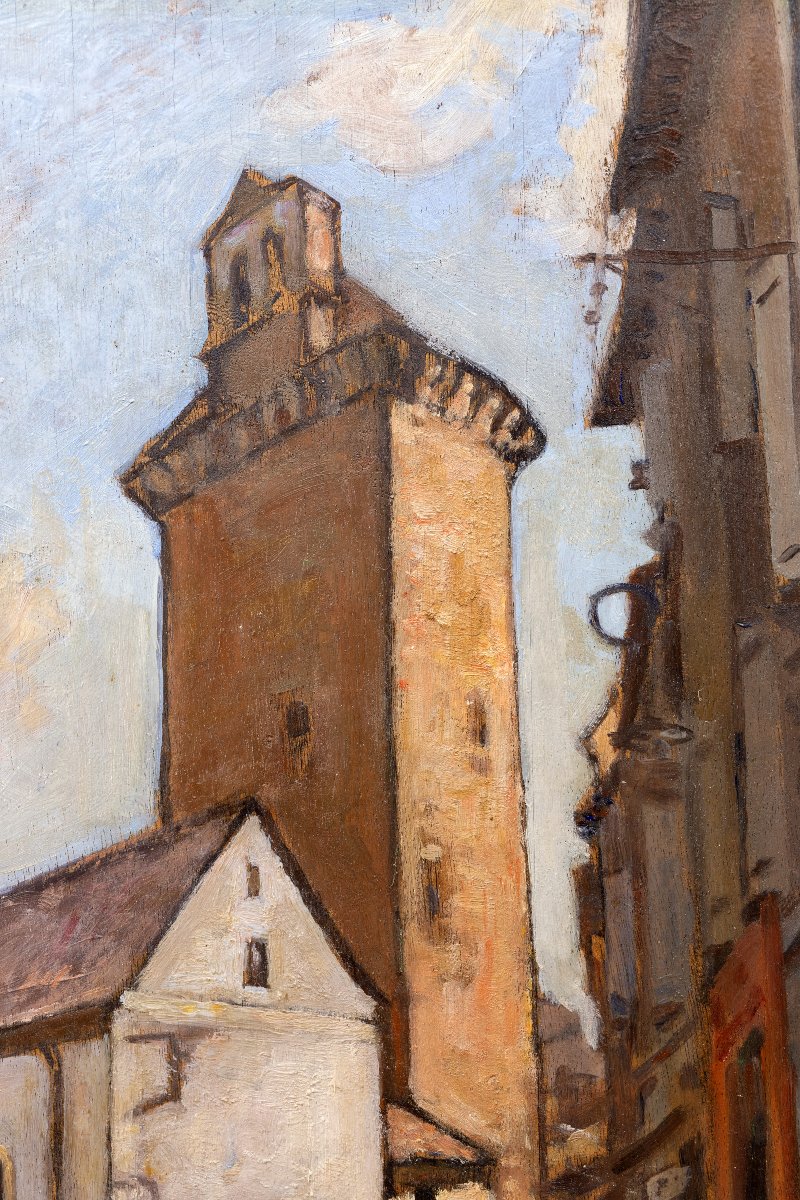 Market Day In Front Of The Tower Of The Penitents, Mende – Oil On Panel – Circa 1960 -photo-3