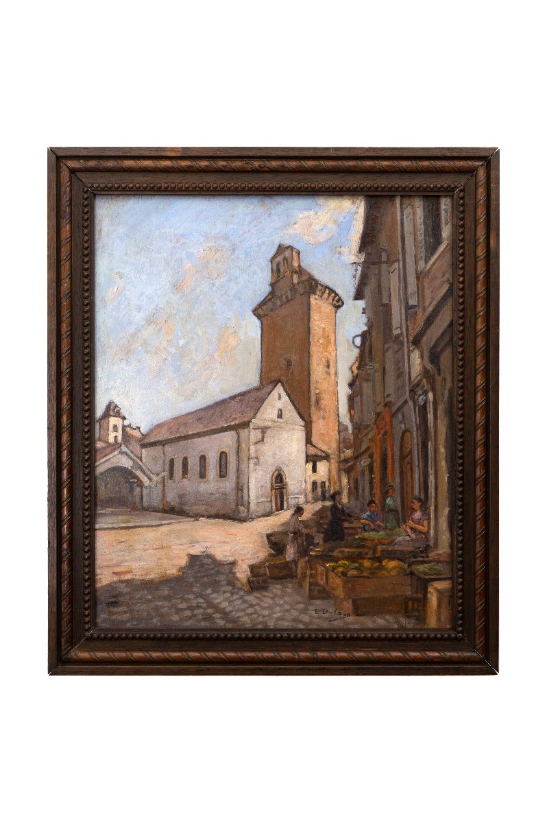 Market Day In Front Of The Tower Of The Penitents, Mende – Oil On Panel – Circa 1960 -photo-5
