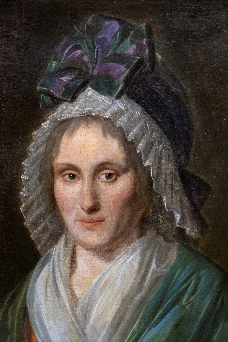 École française fin XVIIIe – Elégante au grand bonnet et châle vert– Huile sur toile -photo-1