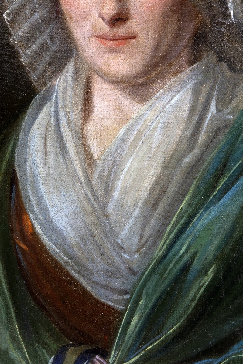 École française fin XVIIIe – Elégante au grand bonnet et châle vert– Huile sur toile -photo-3