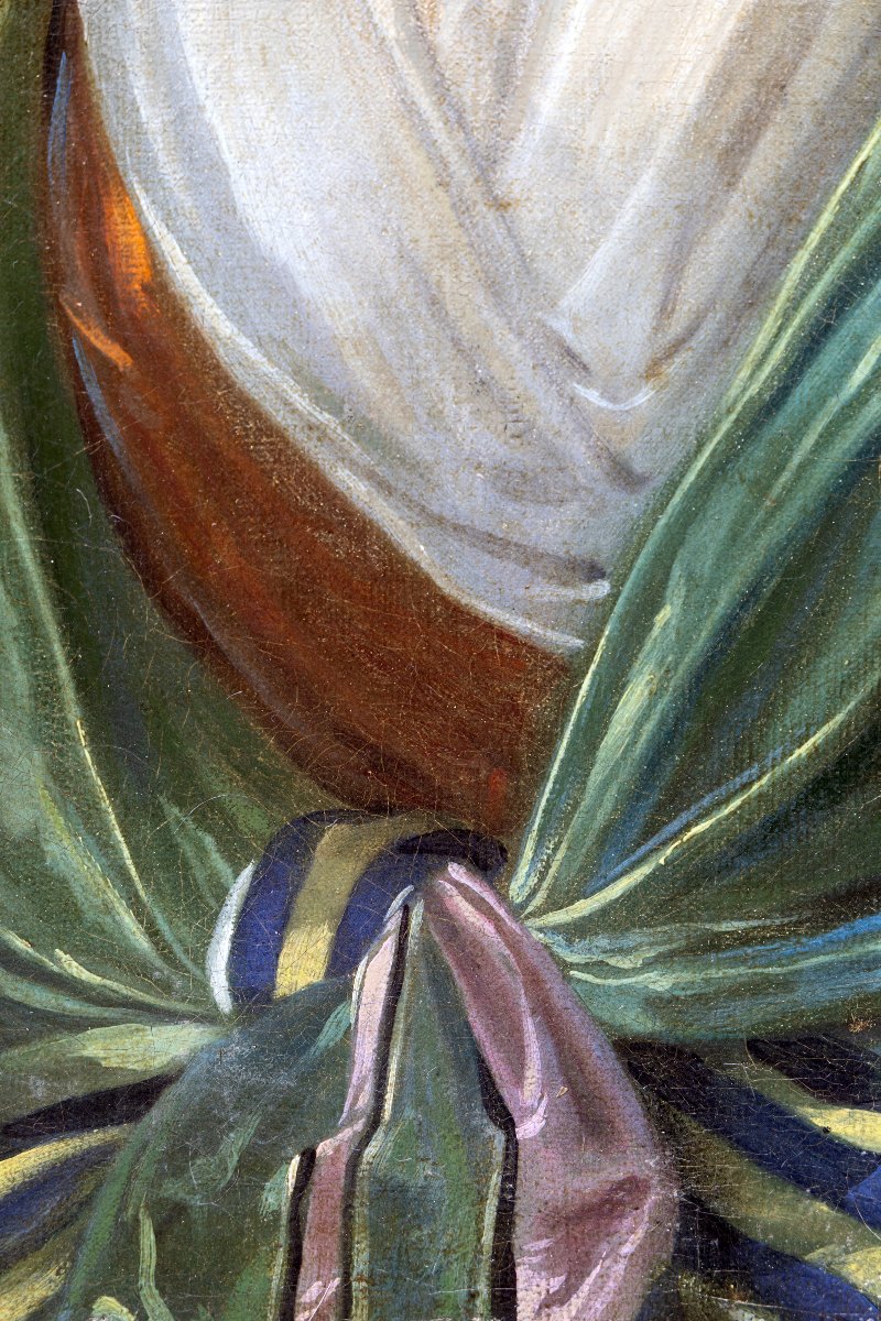 École française fin XVIIIe – Elégante au grand bonnet et châle vert– Huile sur toile -photo-4