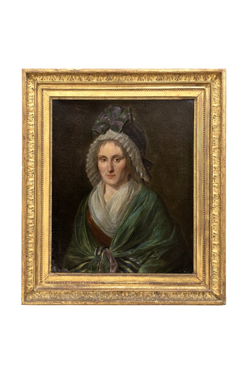 École française fin XVIIIe – Elégante au grand bonnet et châle vert– Huile sur toile -photo-5