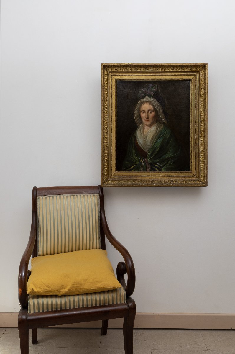 École française fin XVIIIe – Elégante au grand bonnet et châle vert– Huile sur toile -photo-6