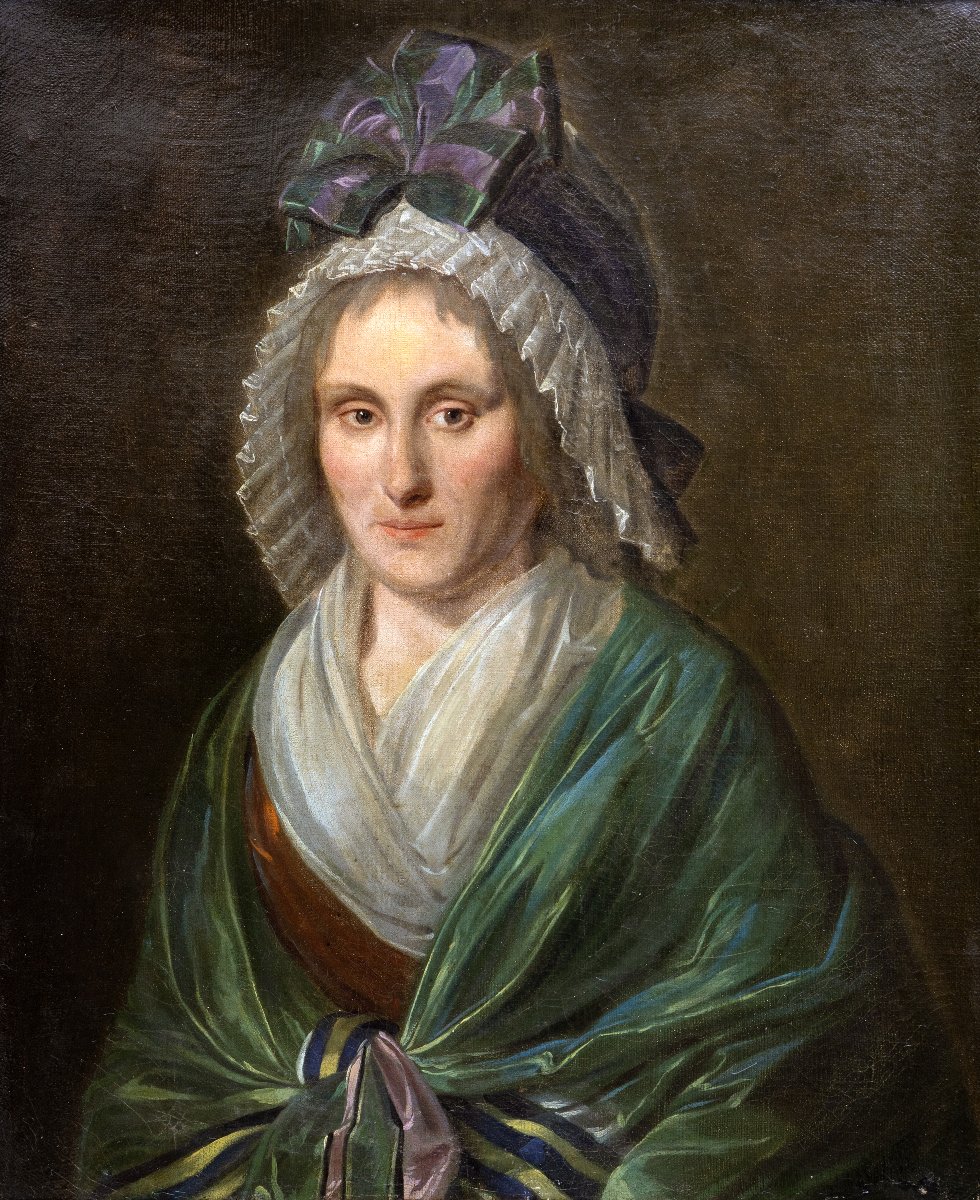 École française fin XVIIIe – Elégante au grand bonnet et châle vert– Huile sur toile 
