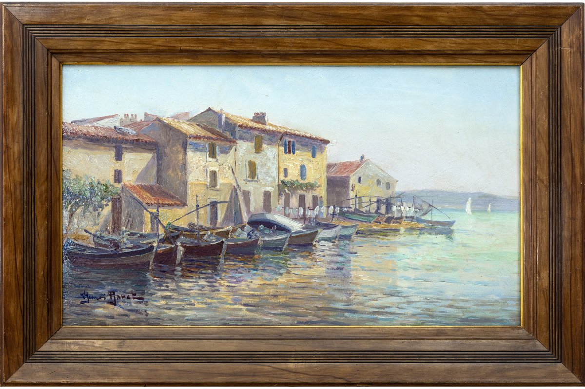 Henri BARET – Les Martigues, bateaux de pêche au mouillage– Huile sur panneau – Signée-photo-2