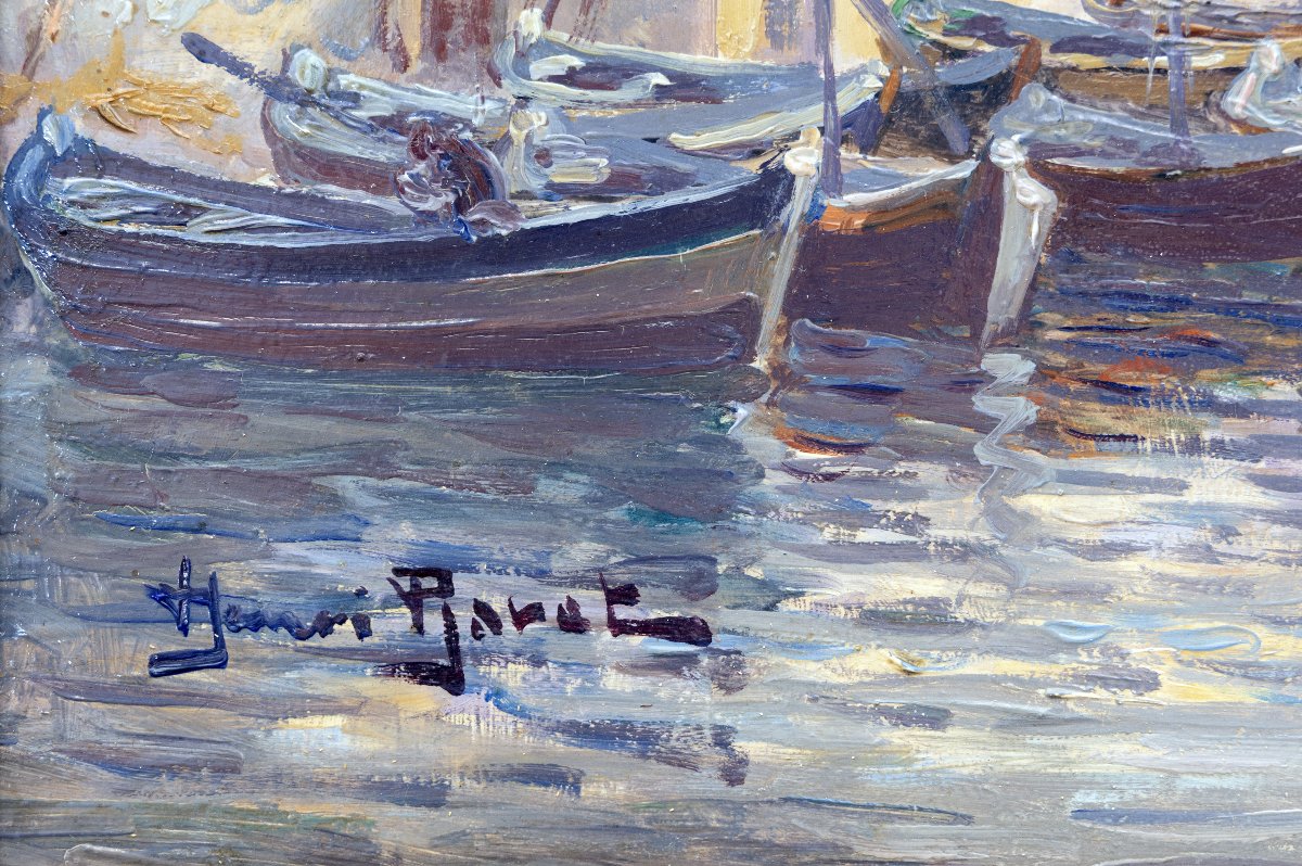 Henri BARET – Les Martigues, bateaux de pêche au mouillage– Huile sur panneau – Signée-photo-3