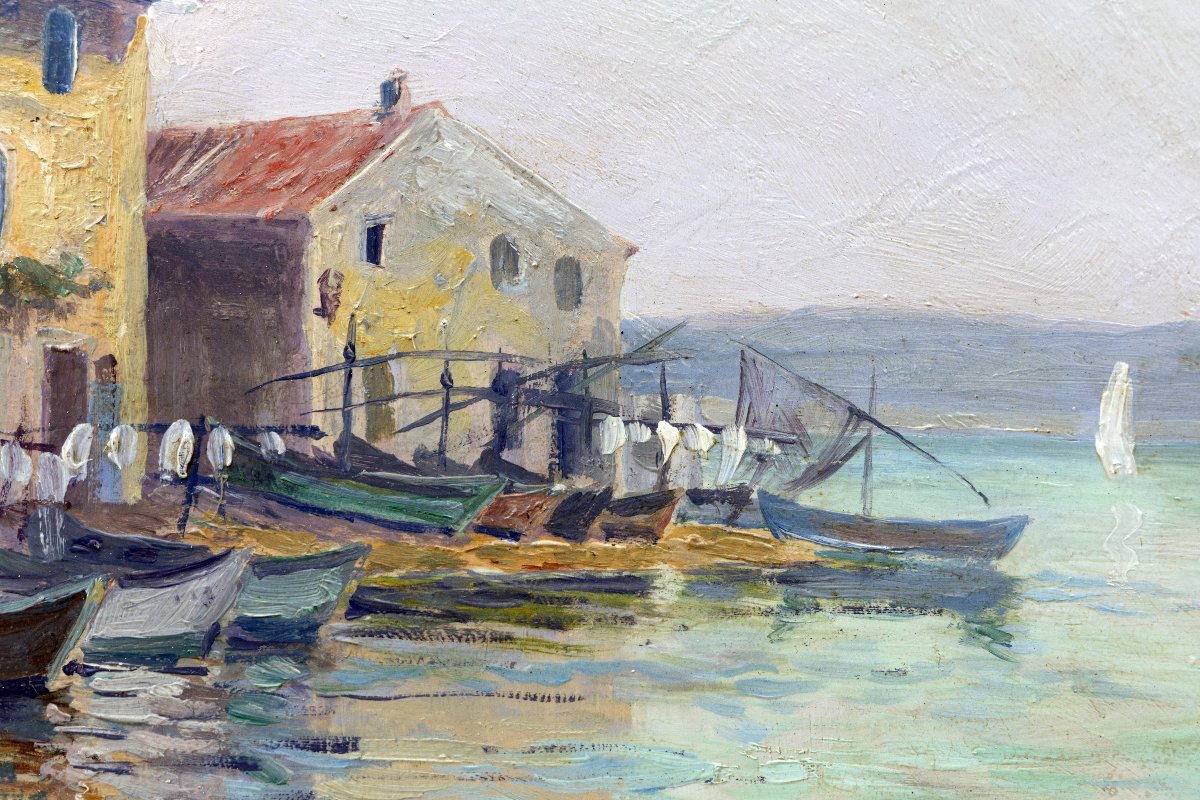 Henri BARET – Les Martigues, bateaux de pêche au mouillage– Huile sur panneau – Signée-photo-1
