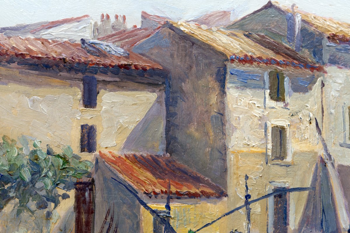 Henri BARET – Les Martigues, bateaux de pêche au mouillage– Huile sur panneau – Signée-photo-3