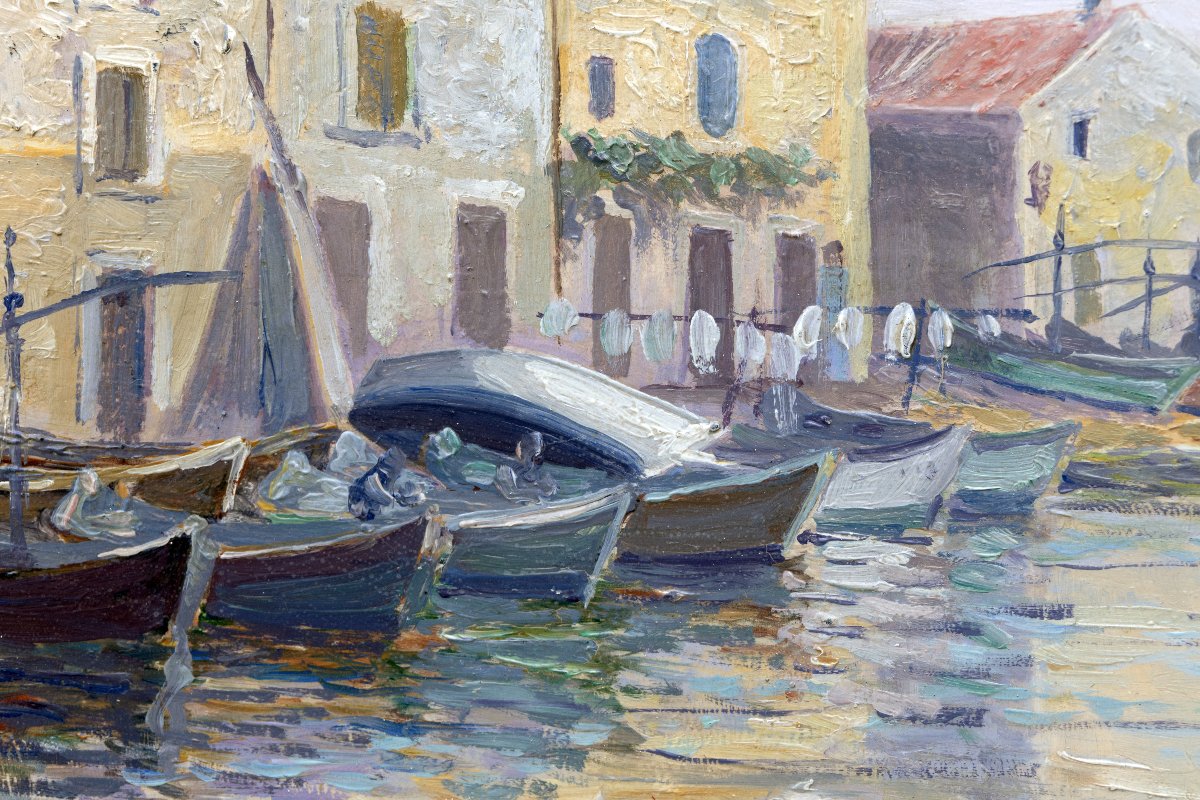 Henri BARET – Les Martigues, bateaux de pêche au mouillage– Huile sur panneau – Signée-photo-5