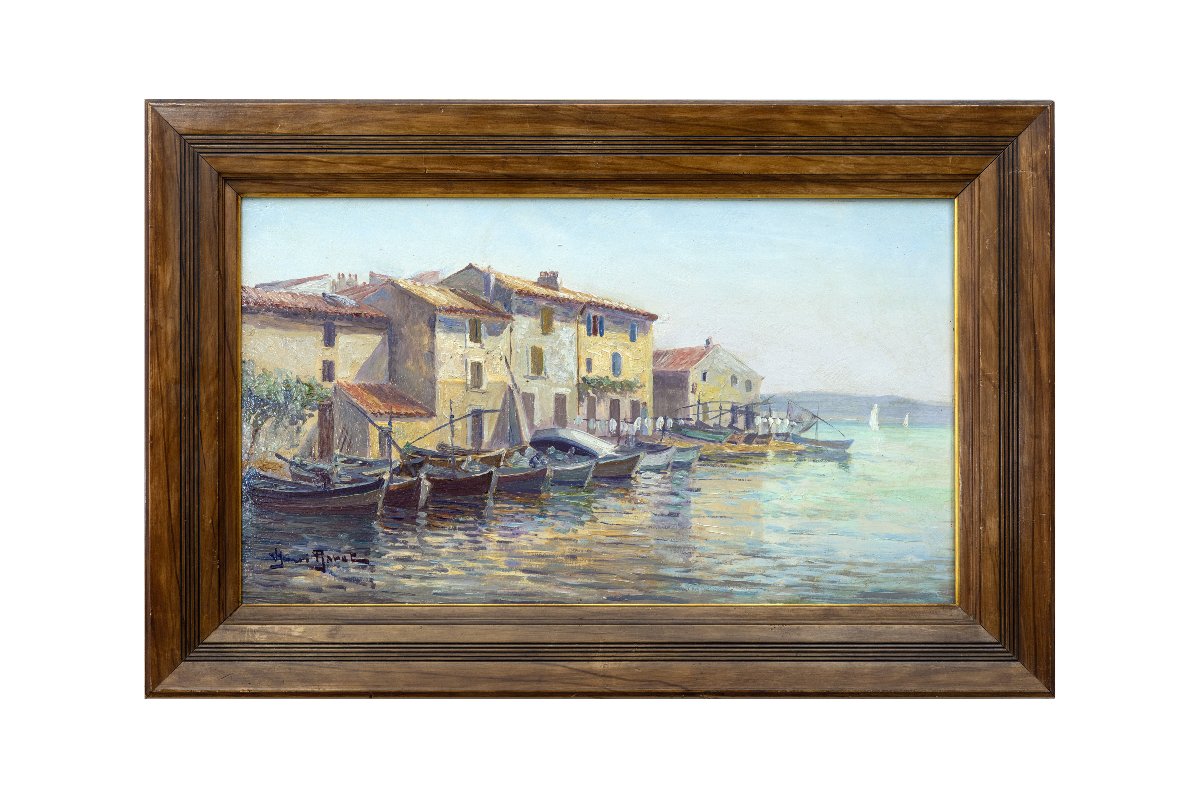 Henri BARET – Les Martigues, bateaux de pêche au mouillage– Huile sur panneau – Signée-photo-6