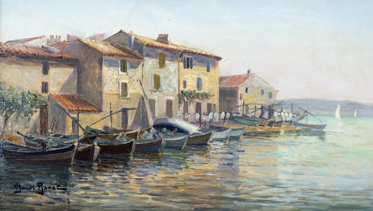 Henri BARET – Les Martigues, bateaux de pêche au mouillage– Huile sur panneau – Signée