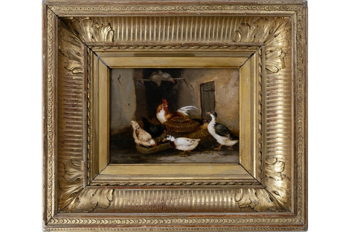 Claude Guilleminet – Rooster, Hens, And Ducks – Oil On Panel – Signed-photo-2