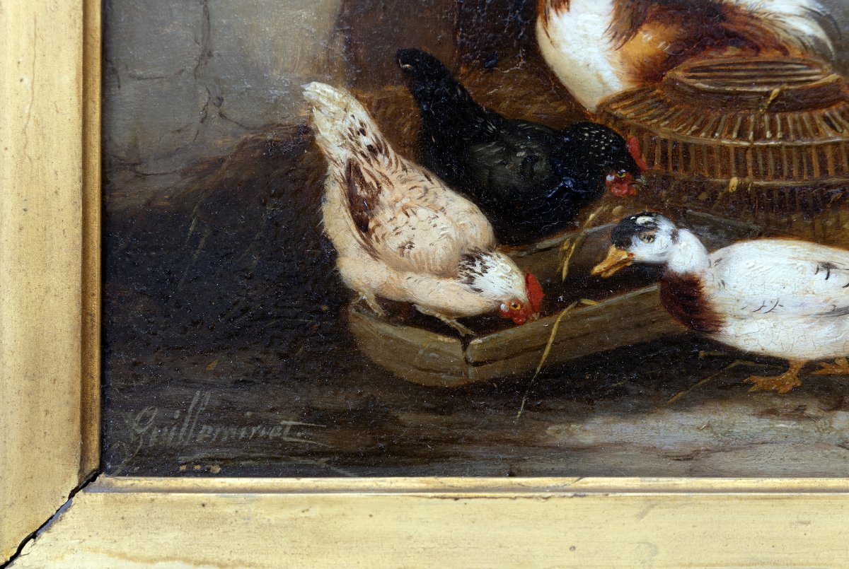 Claude Guilleminet – Rooster, Hens, And Ducks – Oil On Panel – Signed-photo-3
