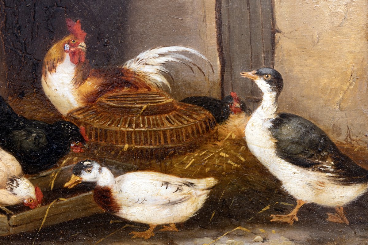 Claude Guilleminet – Rooster, Hens, And Ducks – Oil On Panel – Signed-photo-1