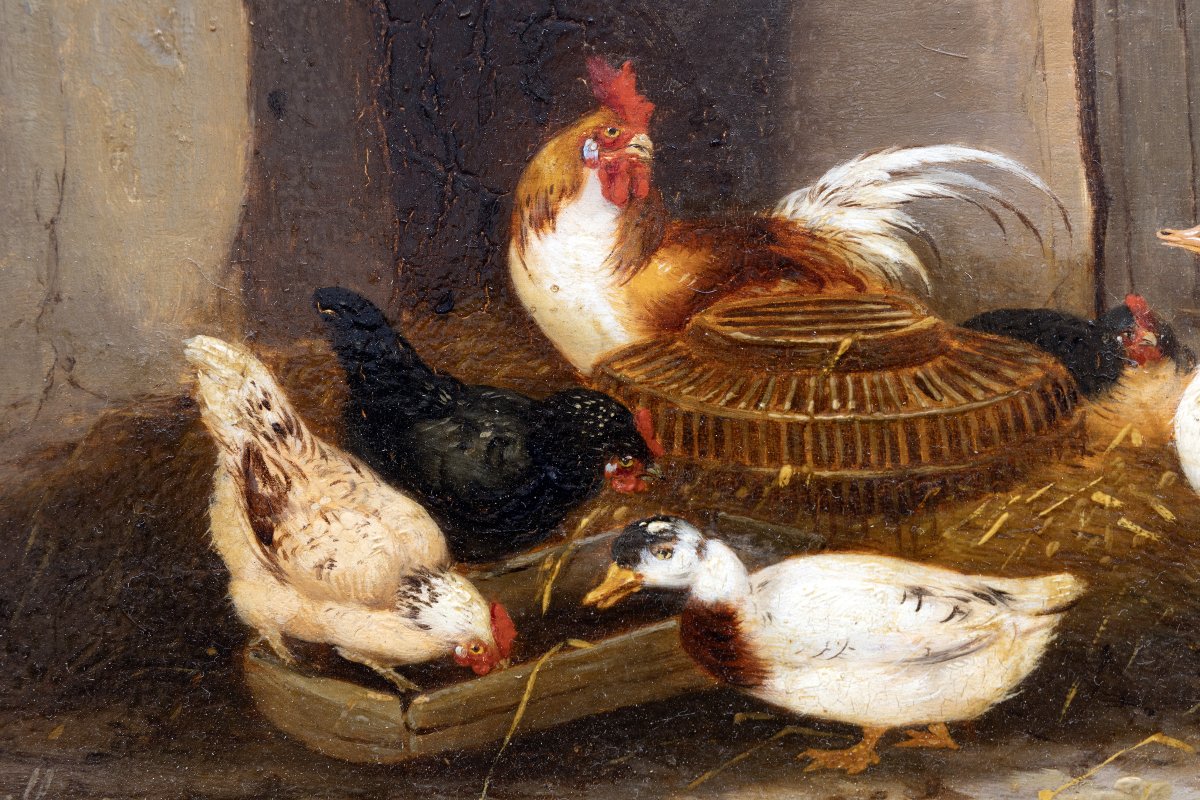 Claude Guilleminet – Rooster, Hens, And Ducks – Oil On Panel – Signed-photo-2