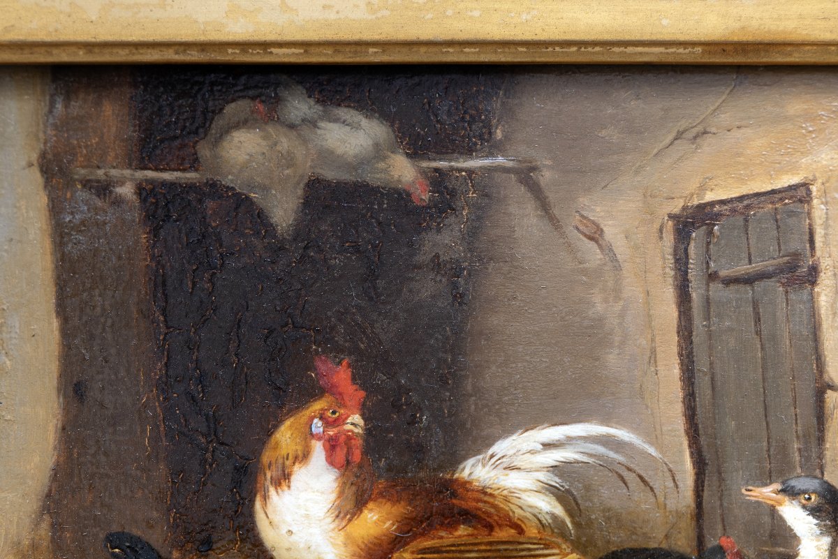 Claude Guilleminet – Rooster, Hens, And Ducks – Oil On Panel – Signed-photo-3