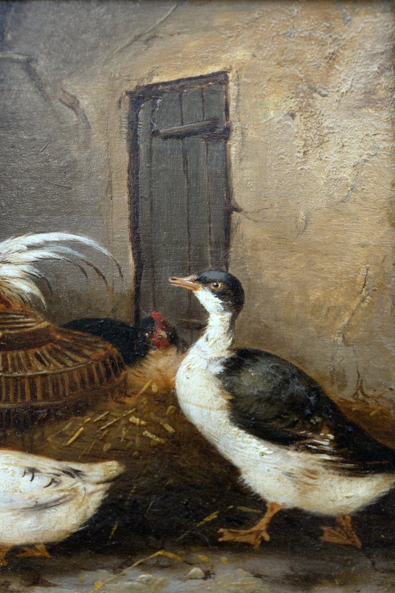 Claude Guilleminet – Rooster, Hens, And Ducks – Oil On Panel – Signed-photo-4