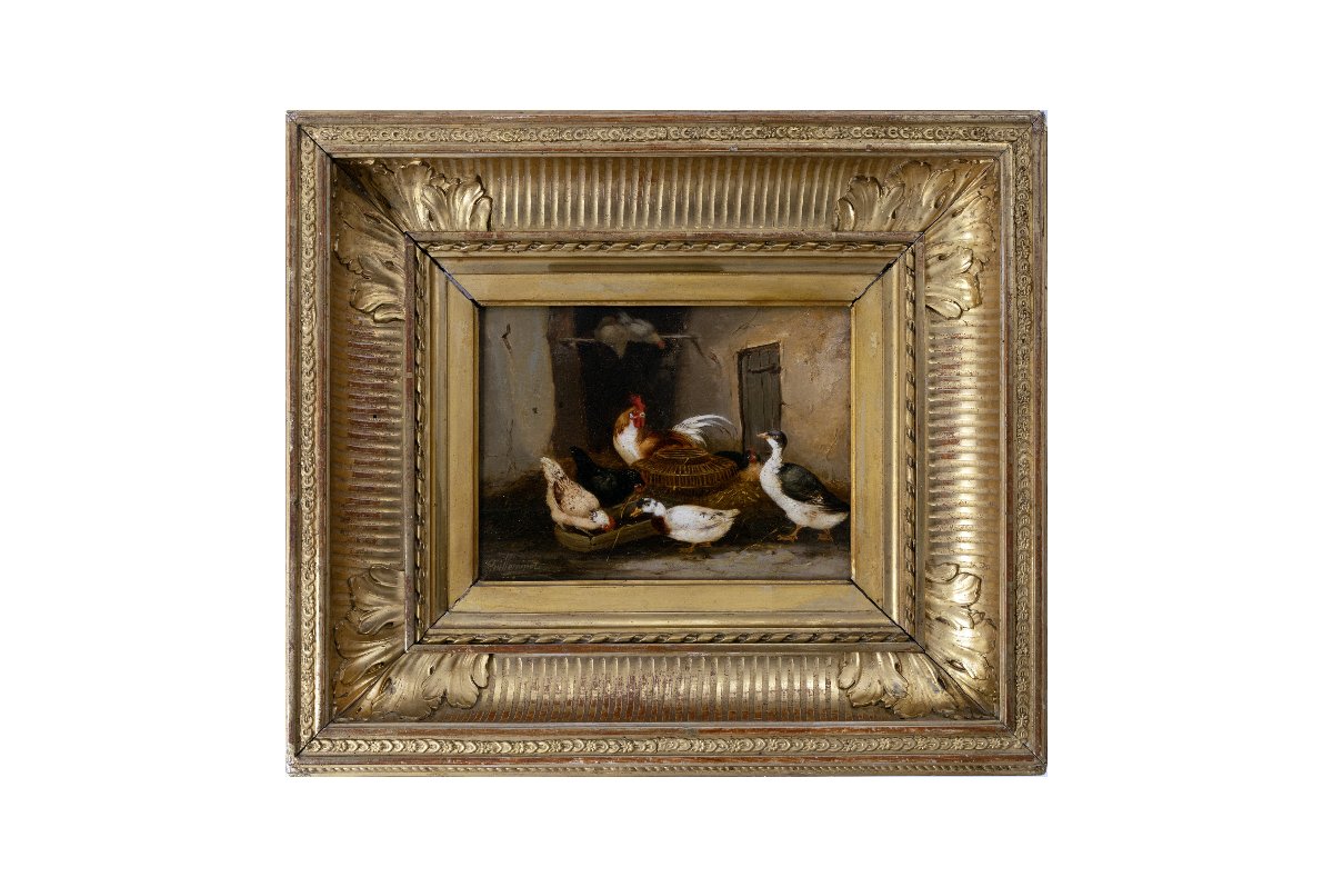 Claude Guilleminet – Rooster, Hens, And Ducks – Oil On Panel – Signed-photo-6