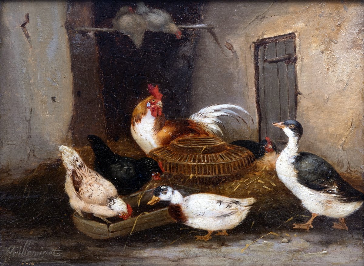 Claude Guilleminet – Rooster, Hens, And Ducks – Oil On Panel – Signed