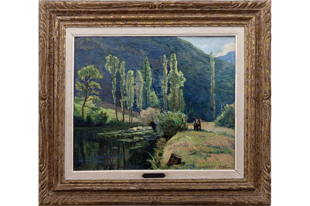 Constantin FONT – Bord de rivière au pied des montagnes – Huile sur toile – Signée-photo-2