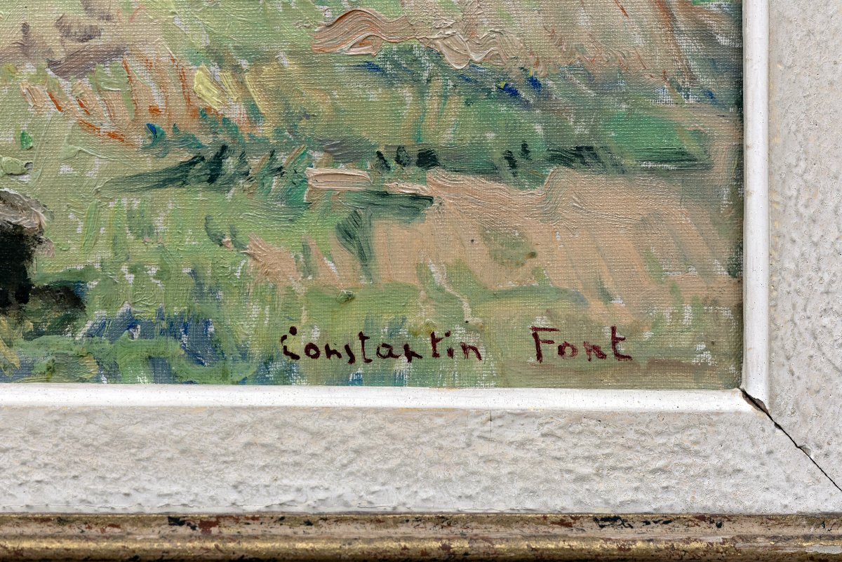 Constantin FONT – Bord de rivière au pied des montagnes – Huile sur toile – Signée-photo-3