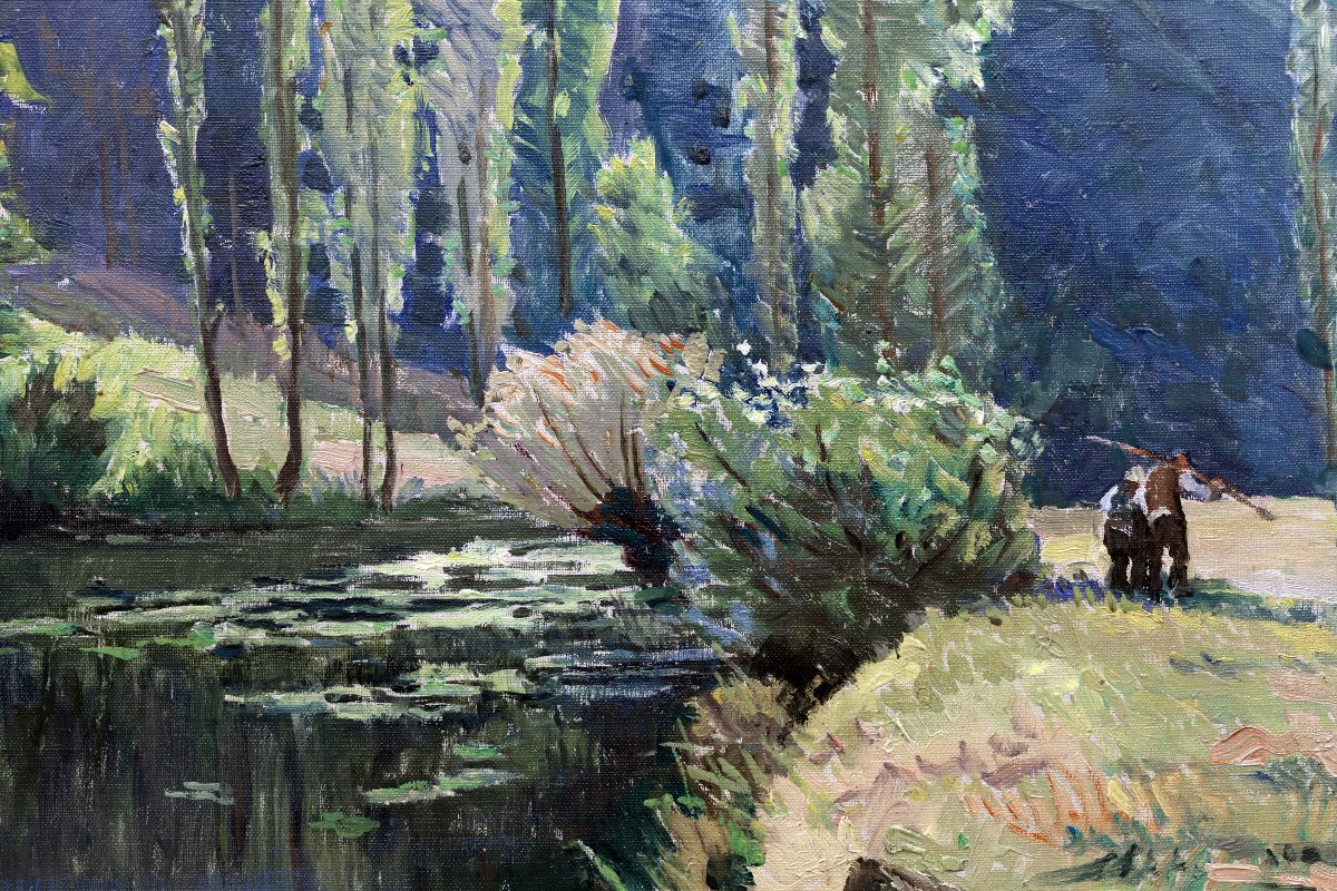 Constantin FONT – Bord de rivière au pied des montagnes – Huile sur toile – Signée-photo-1
