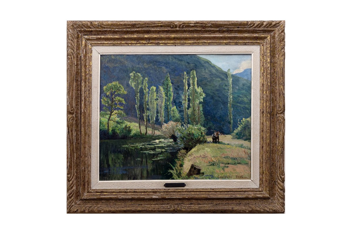 Constantin FONT – Bord de rivière au pied des montagnes – Huile sur toile – Signée-photo-6