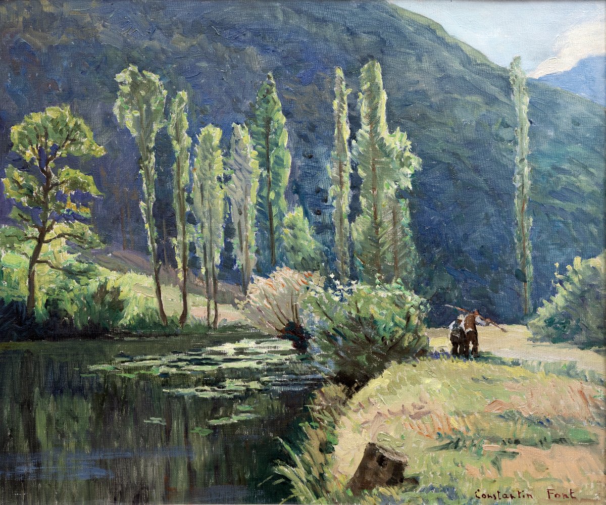 Constantin FONT – Bord de rivière au pied des montagnes – Huile sur toile – Signée