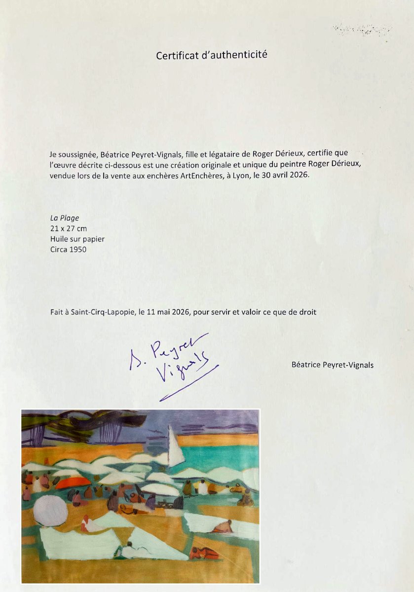 Roger Dérieux - The Beach – Oil On Paper – Certificate Of Authenticity-photo-3