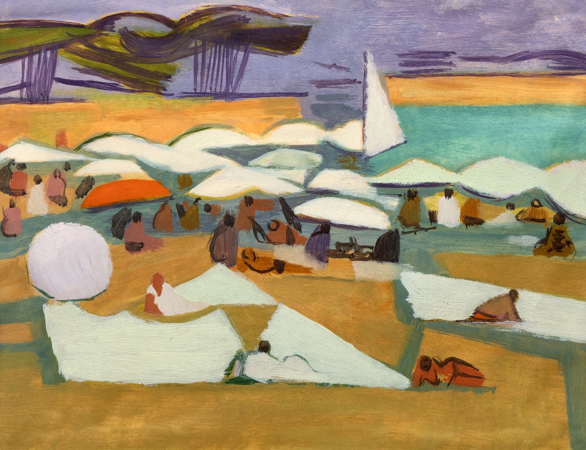 Roger Dérieux - The Beach – Oil On Paper – Certificate Of Authenticity